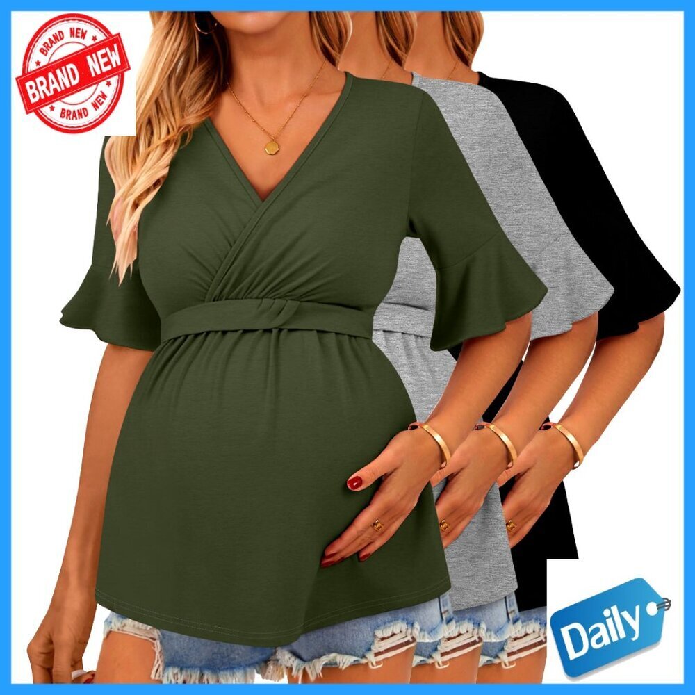 XXL Maternity Nursing Tops 3-Pack Short Sleeve V-Neck Ruffle Tees